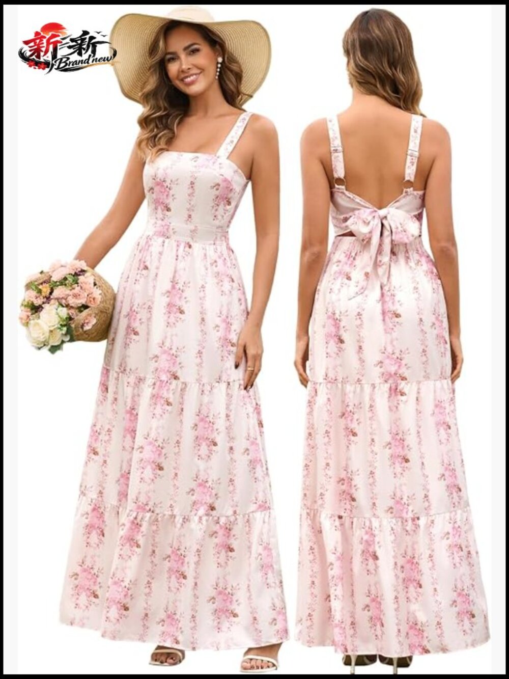 Floral Maxi Sundress with Square Neck and Back Bow Tie